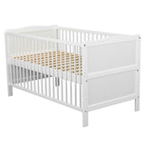 Patut din lemn bebe, Transformabil si pentru junior, 140x70 cm, Din lemn de pin si mdf, Stabil si rezistent, Inaltime saltea reglabila pe 3 nivele, Laterala cu 3 bete detasabile, EN716-1, EN716-2, Alb, Babyneeds, Nadia + Saltea 12 cm