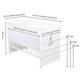 Patut din lemn bebe, Transformabil si pentru junior, 120x60 cm, Din lemn de pin si mdf, Stabil si rezistent, Inaltime saltea reglabila pe 3 nivele, Laterala cu 3 bete detasabile, EN716-1, EN716-2, Alb, Babyneeds, Nadia II, Girafa + Saltea 10 cm