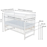 Patut din lemn bebe, 120x60 cm, Din lemn de pin, Stabil si rezistent, Inaltime saltea reglabila pe 3 nivele, Laterala cu 3 bete detasabile, EN716-1, EN716-2, Alb + Saltea 10 cm, Babyneeds, Ola