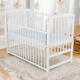 Patut din lemn bebe, 120x60 cm, Cu laterala culisanta, Din lemn de pin, Stabil si rezistent, Inaltime saltea reglabila pe 3 nivele, Laterala cu 3 bete detasabile, EN716-1, EN716-2, Alb, Babyneeds, Ola