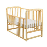 Patut din lemn bebe, 120x60 cm, Cu laterala culisanta, Din lemn de pin, Stabil si rezistent, Inaltime saltea reglabila pe 3 nivele, Laterala cu 3 bete detasabile, EN716-1, EN716-2, Natur, Babyneeds, Ola