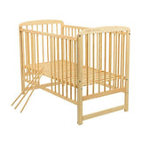 Patut din lemn bebe, 120x60 cm, Cu laterala culisanta, Din lemn de pin, Stabil si rezistent, Inaltime saltea reglabila pe 3 nivele, Laterala cu 3 bete detasabile, EN716-1, EN716-2, Natur, Babyneeds, Ola + Saltea 12 cm