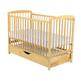 Patut din lemn bebe, 120x60 cm, Cu sertar cu capac, Din lemn de pin si mdf, Stabil si rezistent, Inaltime saltea reglabila pe 3 nivele, Laterala cu 3 bete detasabile, EN716-1, EN716-2, Natur, Babyneeds, Ola