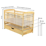 Patut din lemn bebe, 120x60 cm, Cu sertar cu capac, Din lemn de pin si mdf, Stabil si rezistent, Inaltime saltea reglabila pe 3 nivele, Laterala cu 3 bete detasabile, EN716-1, EN716-2, Natur, Babyneeds, Ola + Saltea 8 cm