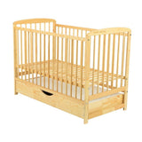 Patut din lemn bebe, 120x60 cm, Cu sertar cu capac, Din lemn de pin si mdf, Stabil si rezistent, Inaltime saltea reglabila pe 3 nivele, Laterala cu 3 bete detasabile, EN716-1, EN716-2, Natur, Babyneeds, Ola + Saltea 8 cm