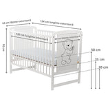 Patut din lemn bebe, 120x60 cm, Din lemn de pin si mdf, Stabil si rezistent, Inaltime saltea reglabila pe 3 nivele, Laterala cu 3 bete detasabile, EN716-1, EN716-2, Alb, Babyneeds, Timmi + Saltea 12 cm