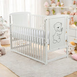 Patut din lemn bebe, 120x60 cm, Cu laterala culisanta, Din lemn de pin si mdf, Stabil si rezistent, Inaltime saltea reglabila pe 3 nivele, Laterala cu 3 bete detasabile, EN716-1, EN716-2, Alb, Babyneeds, Timmi + Saltea 12 cm