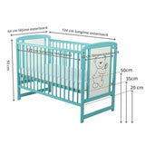 Patut din lemn bebe, 120x60 cm, Cu laterala culisanta, Din lemn de pin si mdf, Stabil si rezistent, Inaltime saltea reglabila pe 3 nivele, Laterala cu 3 bete detasabile, EN716-1, EN716-2, Mint, Babyneeds, Timmi + Saltea 10 cm