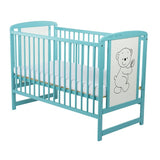 Patut din lemn bebe, 120x60 cm, Cu laterala culisanta, Din lemn de pin si mdf, Stabil si rezistent, Inaltime saltea reglabila pe 3 nivele, Laterala cu 3 bete detasabile, EN716-1, EN716-2, Mint, Babyneeds, Timmi + Saltea 10 cm
