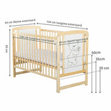 Patut din lemn bebe, 120x60 cm, Cu laterala culisanta, Din lemn de pin si mdf, Stabil si rezistent, Inaltime saltea reglabila pe 3 nivele, Laterala cu 3 bete detasabile, EN716-1, EN716-2, Natur, Babyneeds, Timmi + Saltea 10 cm