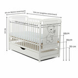 Patut din lemn bebe, 120x60 cm, Cu sertar cu capac, Din lemn de pin si mdf, Stabil si rezistent, Inaltime saltea reglabila pe 3 nivele, Laterala cu 3 bete detasabile, EN716-1, EN716-2, Alb, Babyneeds, Timmi + Saltea 10 cm