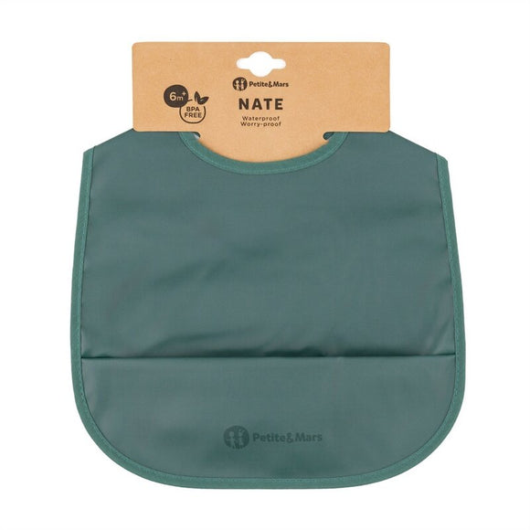 Baveta impermeabila cu buzunar, Petite&Mars, Nate, Fara PVC si ftalati, 37 × 27 cm, 6 luni+, Prindere velcro, Verde