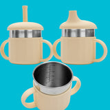 Canuta, New Baby, Cu manere si gura de scurgere care poate fi folosita de sine statatoare sau cu pai, 50% silicon, 50% otel inoxidabil, Fara BPA, 0 luni+, Beige