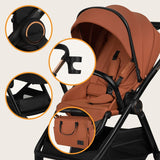 Carucior 2 in 1, Lionelo, Layla, Pana la 22 kg, Cadru aluminiu, Cu landou intarit si salteluta din spuma AirDots, Reversibil, Cu ventilatie 3D, Cu accesorii, EN1888-1, EN1888-2, EN1466, Maro