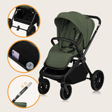 Carucior 2 in 1, Lionelo, Mika Plus, Cadru din aluminiu, Cu landou intarit si salteluta moale, Reversibil, Cu sistem de ventilatie 3D, Cu accesorii, Pana la 22 kg, Conform cu EN1888-1 EN1888-2, EN1466, Verde
