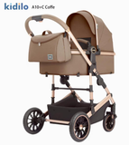 Carucior 3 in 1, Kidilo, cu suspensii, Geanta termica pentru accesorii si salteluta, Landou reversibil, Cadru aluminiu, BBDA10COFFE