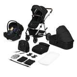Carucior 3 in 1, Lionelo, Amber, Cadru aluminiu, Cu landou intarit si salteluta moale, Cu scoica auto testata ADAC, Reversibil, Cu accesorii, Geanta parinti, Pana la 22 kg, Negru silver