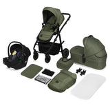 Carucior 3 in 1, Lionelo, Amber Plus, Cadru aluminiu, Cu landou intarit si salteluta moale, Cu scoica auto testata ADAC, Reversibil, Maner ajustabil, Cu accesorii, Cu ventilatie panoramica 3D, Pana la 22 kg, EN1888-1, EN1888-2, EN1466, ECE R129, Verde