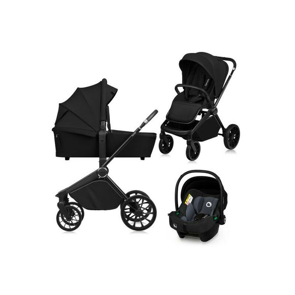 Carucior 3 in 1, Lionelo, Mika Plus, Cadru din aluminiu, Cu landou intarit si salteluta moale, Cu scoica auto testata ADAC, Reversibil, Cu sistem de ventilatie 3D, Cu accesorii, Pana la 22 kg, EN1888-1 EN1888-2 EN1466 ECE R129, Negru
