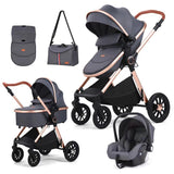Carucior 3 in 1 Kidilo H2D+C Premium cu Landou, Parte Sport si Scoica Auto, Include saculet de picioare, Geanta pentru parinti, Sustine 22 kg, Gri