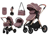 Carucior 3 in 1 Kidilo H2D+C Premium cu Landou, Parte Sport si Scoica Auto, Include saculet de picioare, Geanta pentru parinti, Sustine 22 kg, Mov