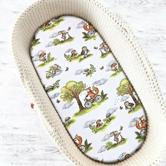 Cearceaf cu elastic, Qmini, Pentru landou, carucior si cosulet, Dimensiune 80x35 cm, Din bumbac certificat Oeko Tex Standard 100, Fox on bikes Natural