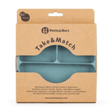 Farfurie compartimentata, Petite&Mars, Take&Match, Din silicon, Rotunda, Cu ventuza si 3 compartimente, Adecvata pentru masina de spalat vase si microunde, Nu absoarbe mirosuri, Fara BPA, 500 ml, 6 luni+, Frosted Sky, Albastru