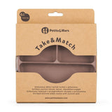 Farfurie compartimentata, Petite&Mars, Take&Match, Din silicon, Rotunda, Cu ventuza si 3 compartimente, Adecvata pentru masina de spalat vase si microunde, Nu absoarbe mirosuri, Fara BPA, 500 ml, 6 luni+, Velvet Latte, Maro pudrat