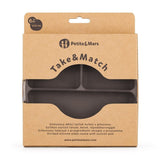 Farfurie compartimentata, Petite&Mars, Take&Match, Din silicon, Rotunda, Cu ventuza si 3 compartimente, Adecvata pentru masina de spalat vase si microunde, Nu absoarbe mirosuri, Fara BPA, 500 ml, 6 luni+, Bitter Cocoa, Maro