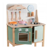 Bucatarie copii, Joueco, Din lemn certificat FSC, Cu accesorii, Reglabila pe inaltime, 86x56 cm, 3 ani+, Multicolor