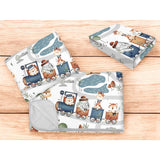 Lenjerie patut cu 3 piese, MimiNu, Cu cearceaf 120x60 cm, Din bumbac certificat Oeko Tex Standard 100, Cu paturica si pernuta, Design, Zoo in train