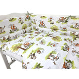 Lenjerie patut 3 piese, Qmini, Pentru patut 120x60 cm, Cu protectie laterala, Din bumbac certificat Oeko Tex Standard 100, Fox on bikes Natural