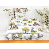 Lenjerie patut 3 piese, Qmini, Pentru patut 120x60 cm, Cu protectie laterala, Din bumbac certificat Oeko Tex Standard 100, Fox on bikes Natural