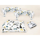 Lenjerie patut cu 5 piese, MimiNu, Cu cearceaf 120x60 cm, Pilota, Pernuta, 2 aparatori, Din bumbac certificat Oeko Tex Standard 100, Childrens Journey Grey