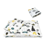 Lenjerie patut cu 5 piese, MimiNu, Cu cearceaf 120x60 cm, Pilota, Pernuta, 2 aparatori, Din bumbac certificat Oeko Tex Standard 100, Childrens Journey Grey