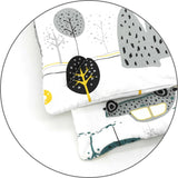 Lenjerie patut cu 5 piese, MimiNu, Cu cearceaf 120x60 cm, Pilota, Pernuta, 2 aparatori, Din bumbac certificat Oeko Tex Standard 100, Childrens Journey Grey