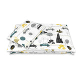 Lenjerie patut cu 5 piese, MimiNu, Cu cearceaf 120x60 cm, Pilota, Pernuta, 2 aparatori, Din bumbac certificat Oeko Tex Standard 100, Childrens Journey Grey