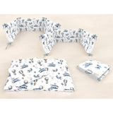 Lenjerie patut cu 5 piese, MimiNu, Cu cearceaf 120x60 cm, Pilota, Pernuta, 2 aparatori, Din bumbac certificat Oeko Tex Standard 100, Blue Plane