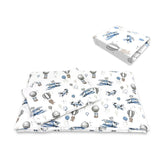 Lenjerie patut cu 5 piese, MimiNu, Cu cearceaf 120x60 cm, Pilota, Pernuta, 2 aparatori, Din bumbac certificat Oeko Tex Standard 100, Blue Plane