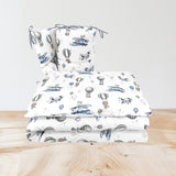 Lenjerie patut cu 3 piese, MimiNu, Pentru patut 120x60 cm, Cu protectie laterala, Din bumbac certificat Oeko Tex Standard 100, Blue Plane