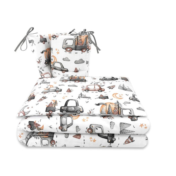 Lenjerie patut cu 3 piese, MimiNu, Pentru patut 120x60 cm, Cu protectie laterala, Din bumbac certificat Oeko Tex Standard 100, Design, Cars Grey