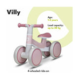 Bicicleta fara pedale, Lionelo, Villy, Cu 4 roti, Din spuma EVA si TPR, Stabila, Manere moi, antiderapante, 12- 36 luni, Sustine pana la 30 kg, Certificata EN 71-1:2014, EN 71-2:2011, EN 71-3:2019, Roz