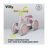 Bicicleta fara pedale, Lionelo, Villy, Cu 4 roti, Din spuma EVA si TPR, Stabila, Manere moi, antiderapante, 12- 36 luni, Sustine pana la 30 kg, Certificata EN 71-1:2014, EN 71-2:2011, EN 71-3:2019, Roz