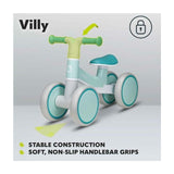 Bicicleta fara pedale, Lionelo, Villy, Cu 4 roti, Din spuma EVA si TPR, Stabila, Manere moi, antiderapante, 12- 36 luni, Sustine pana la 30 kg, Certificata EN 71-1:2014, EN 71-2:2011, EN 71-3:2019, Verde turcoaz