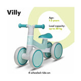 Bicicleta fara pedale, Lionelo, Villy, Cu 4 roti, Din spuma EVA si TPR, Stabila, Manere moi, antiderapante, 12- 36 luni, Sustine pana la 30 kg, Certificata EN 71-1:2014, EN 71-2:2011, EN 71-3:2019, Verde turcoaz