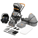 Carucior 3 in 1 Lionelo Amber, Cadru din aluminiu, Landou confortabil, Scaun auto testat ADAC, Accesorii incluse, Geanta parinti, pana la 22 kg, Certificat EN1888, Gri Deschis