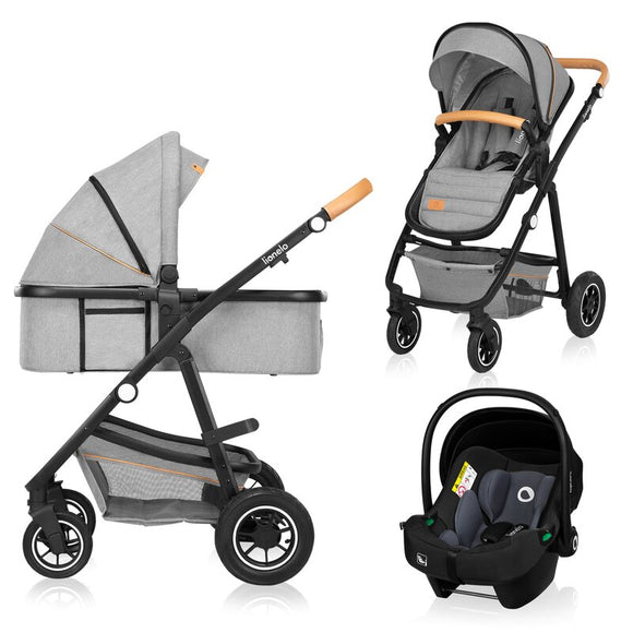 Carucior 3 in 1 Lionelo Amber, Cadru din aluminiu, Landou confortabil, Scaun auto testat ADAC, Accesorii incluse, Geanta parinti, pana la 22 kg, Certificat EN1888, Gri Deschis