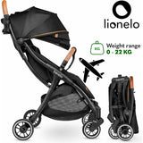 Carucior sport, Lionelo, Julie One, De la nastere, Greutate redusa, Cu accesorii, Cadru din aluminiu, 0-22 kg, Pliere compacta pentru avion, Conform cu standardele europene de securitate EN1888-1 si EN1888-2, Negru