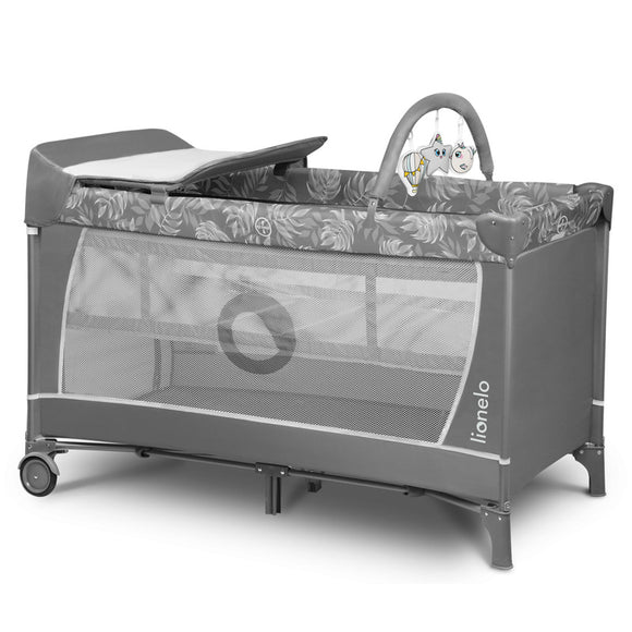 Patut pliant, Lionelo, Flower, Cu doua nivele, Masuta de infasat, Bara cu jucarii, Fereastra laterala, 120x60 cm, Certificari EN 716/12221, Gri