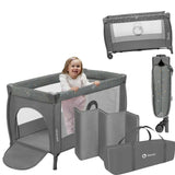 Patut pliant, Lionelo, Stefi Plus, Cu doua nivele, Cu intrare laterala cu fermoar, 2 roti, 120 x 60 cm, Conform cu standardul european de securitate EN 716, Gri/ Multicolor